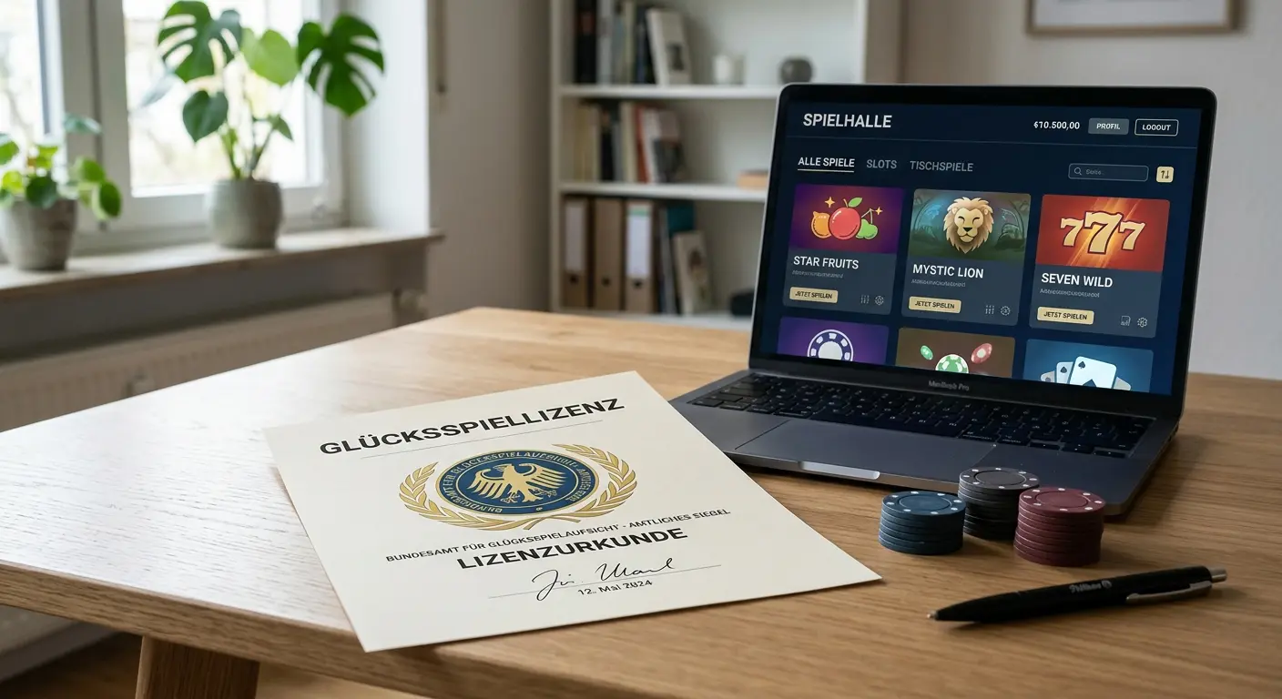 Beste Online Casinos ohne Lizenz 2026 – internationale Glücksspiellizenz auf einem Schreibtisch mit Laptop