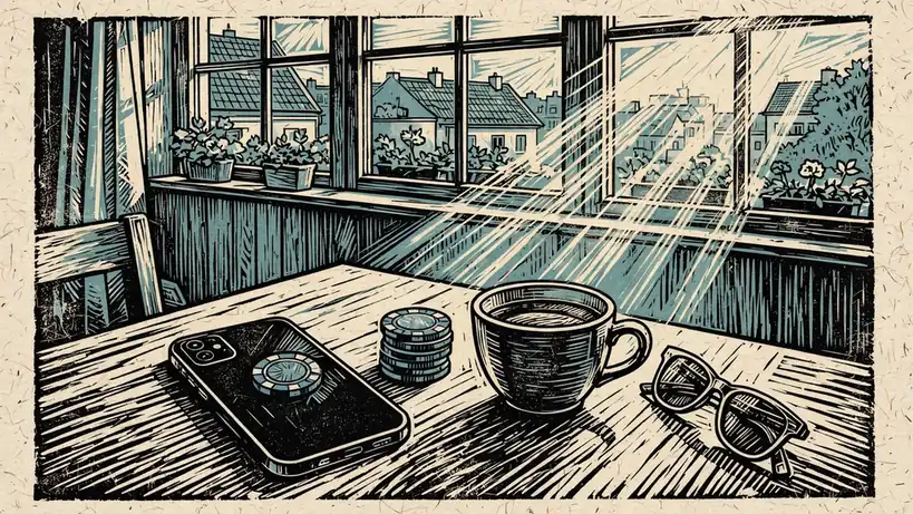 Smartphone mit Casino-Chips und Kaffeetasse auf einem Tisch.