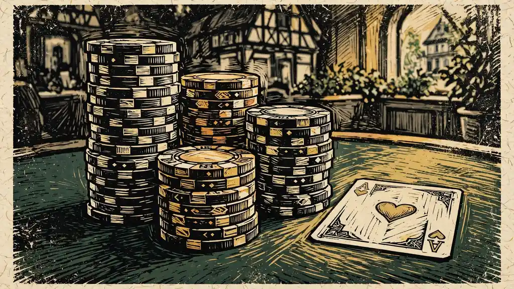 Stapel bunter Casino-Chips auf grünem Filz-Tisch mit warmer Beleuchtung