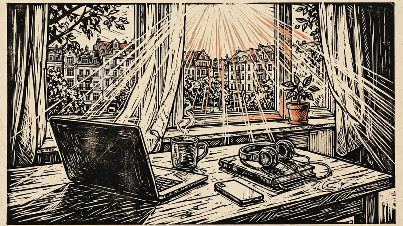 Modernes Wohnzimmer in Berlin mit Laptop auf dem Schreibtisch, Kaffeetasse und Kopfhörern bei warmem Tageslicht.