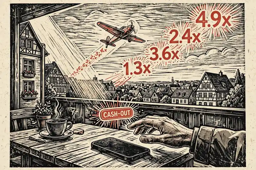 Kleines rotes Flugzeug hebt ab, Hand am Smartphone auf Holztisch