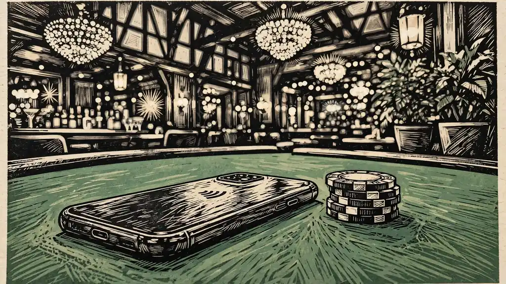 Smartphone auf einem Casino-Tisch mit Jetons und gedämpftem Licht.