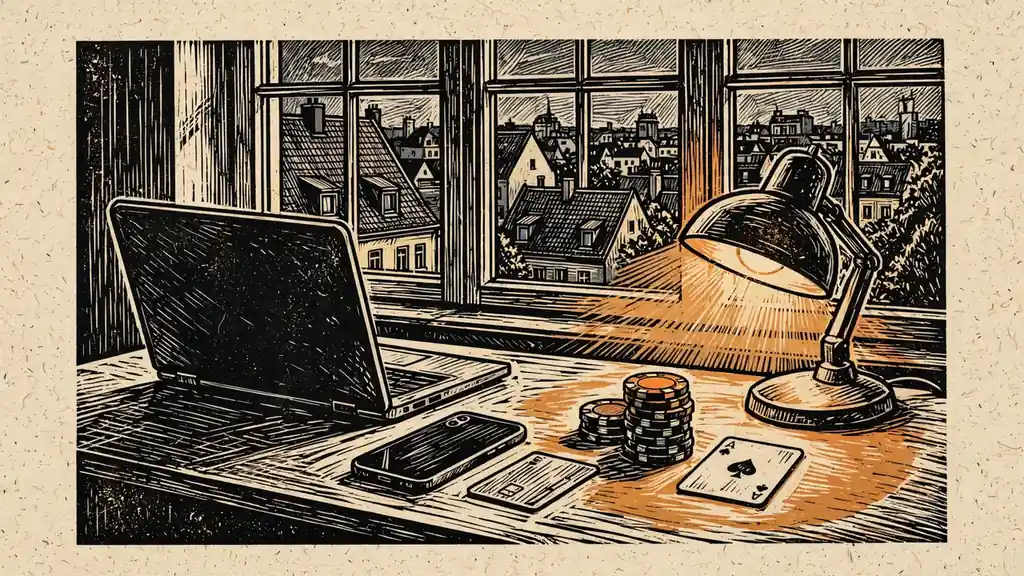 Abendlicher Schreibtisch in deutscher Wohnung mit Casino-Chips, Laptop und Bankkarte unter warmer Lampe.