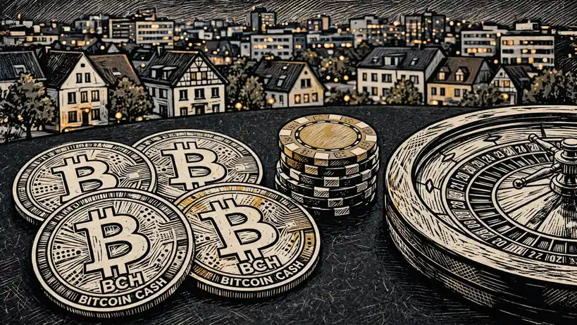 Bitcoin-Cash-Münzen neben Roulette und Spielchips vor deutscher Stadtkulisse