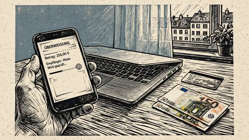 Smartphone und Laptop auf Schreibtisch mit Euro-Scheinen und Kreditkarte