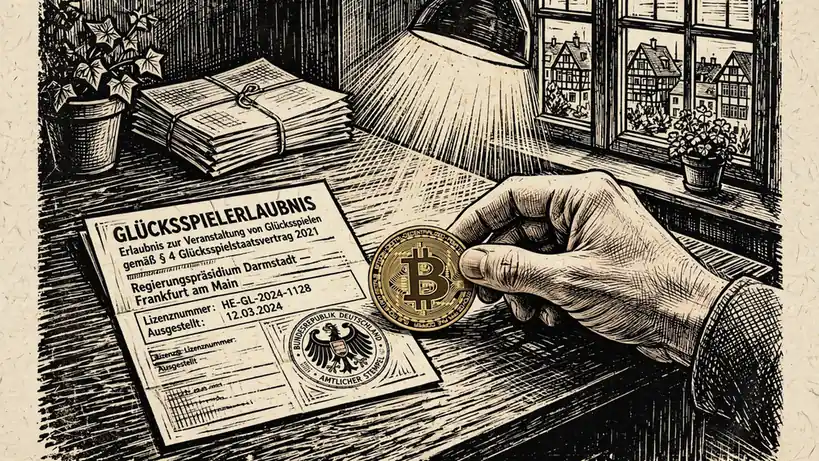 Bitcoin-Münze neben deutscher Glücksspiellizenz mit Bundesadler auf Schreibtisch