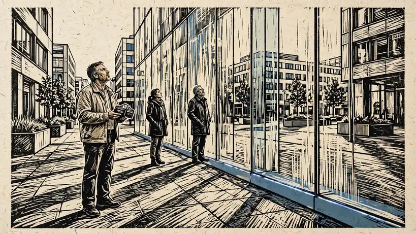 Mann mit offenem Portemonnaie vor einer hohen transparenten Glasbarriere in einer deutschen Innenstadt
