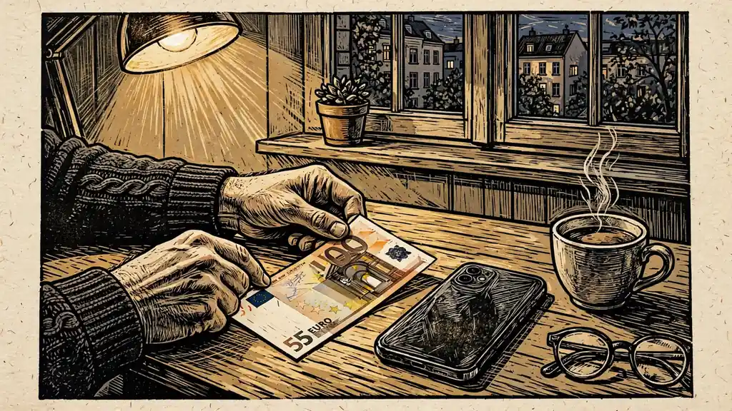Hände legen einen 5-Euro-Schein neben ein Smartphone auf einem Tisch.