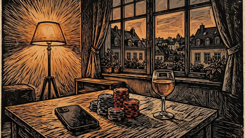 Smartphone mit Casino-Chips auf Couchtisch in modernem deutschen Wohnzimmer bei Abendlicht