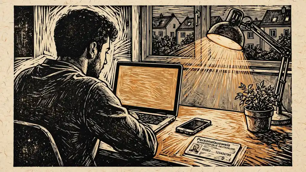 Junge Person am Schreibtisch mit Laptop und beiseitegelegtem Personalausweis