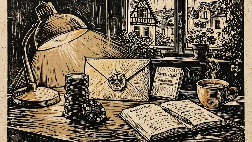 Pokerchips mit Lizenzdokument und verschlossenem Umschlag auf Holztisch