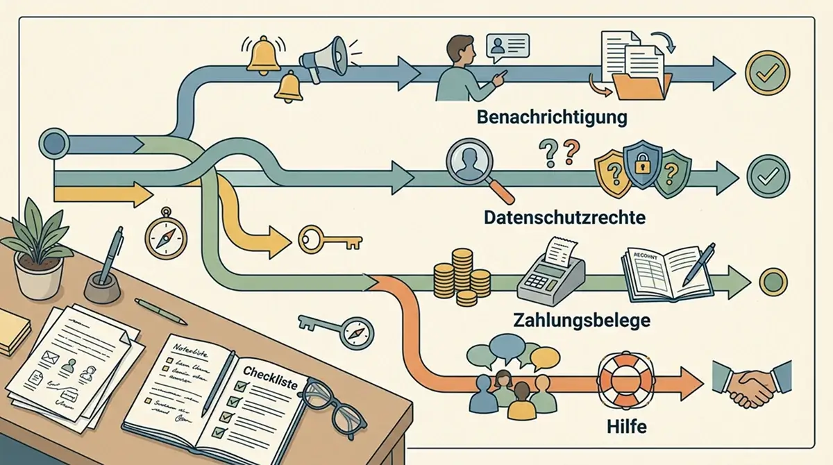 Geordnete Wege für Meldung, Datenklärung, Zahlungsproblem und Hilfe